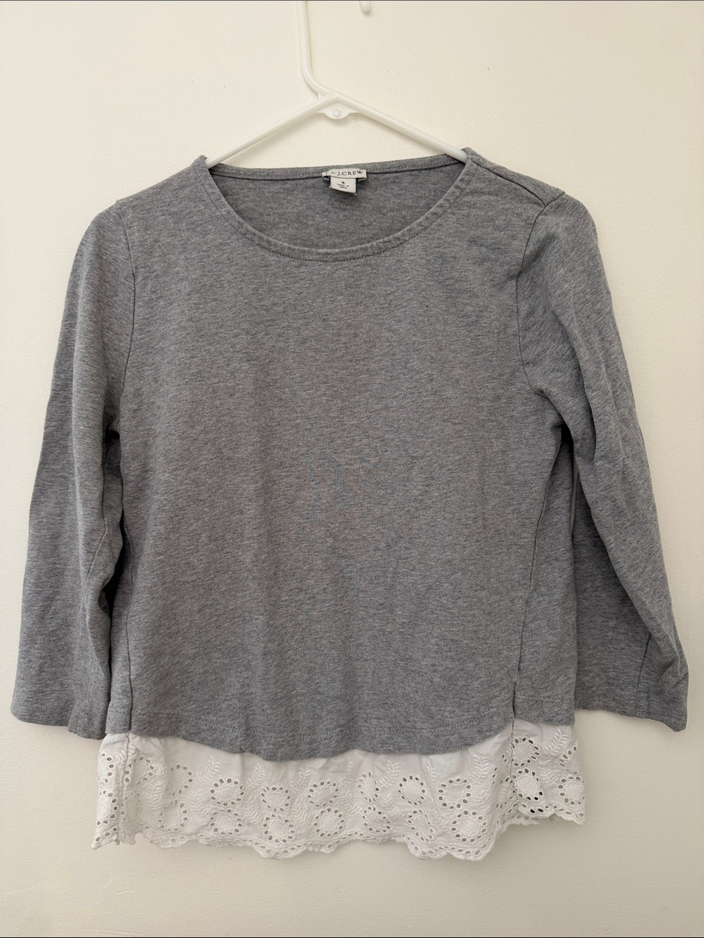 J. Crew Grey Long Sleeve Top with White Eyelet Hem